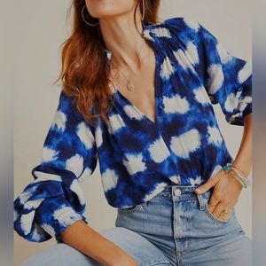 Anthropologie Porridge Ines Peasant Blouse Top Sz S Puffy Sleeve Boho Smocked